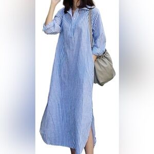 chouyatou Women Casual Long Sleeve V Neck Striped Shift Dress Loose Long Maxi m